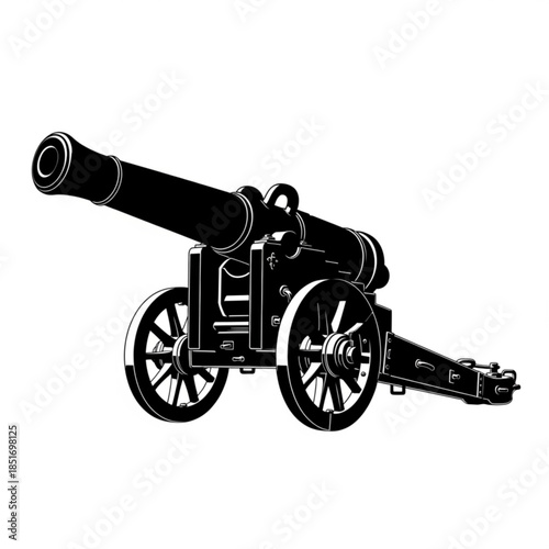 Black and white illustration of a historical cannon on wheels