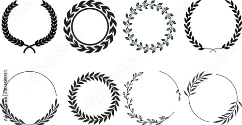 Laurel wreath icon . Black circular laurel olive branches greek wreath. Vintage laurel wreaths. Winner award of olive leaves, stars of victory, achievement heraldry symbol. Vector illustration.