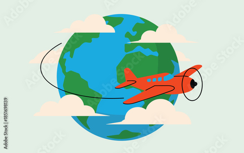 Airplane flying around the Earth with clouds in the background from a global viewpoint