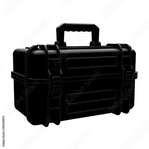 Black plastic tool box with handle on top for storage and organization