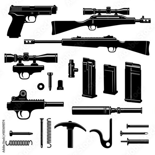 Collection of various guns and gun parts