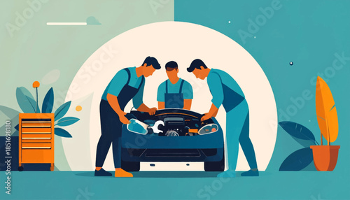 Three mechanics fix a car in a garage; bright blue and orange; plants; stylized and graphic illustration