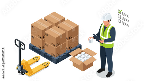 Illustration of a warehouse worker inspecting boxes on a pallet jack with a checklist