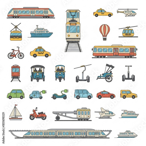Colorful illustrations of various vehicles on for design