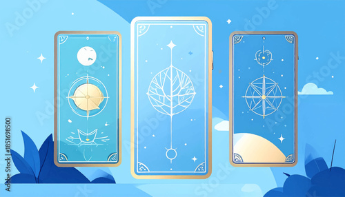 Three stylized tarot cards on a light blue background, surrounded by foliage