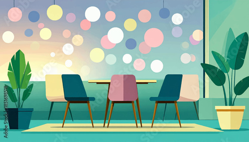 Stylized interior with a table, chairs, plants, and a view with colorful circles