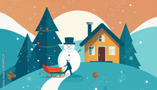 Stylized scene shows a person pulling a red sled toward a house, near a Christmas tree in a snowy landscape