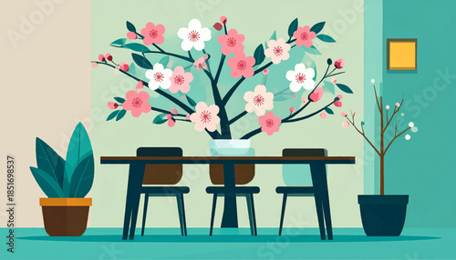 Stylized interior with blooming branches, a table with chairs, and potted plants in a calm, muted color scheme