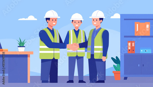 Three workers in hard hats shake hands in a modern office