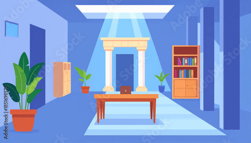 Stylized interior with desk, bookcase, potted plants, colonnade, and natural lighting
