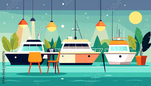 Three yachts are moored at night with lights and seating in a stylized illustration style