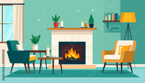 Stylized interior with fireplace, armchairs, and soft teal walls creates a cozy, mid-century modern vibe