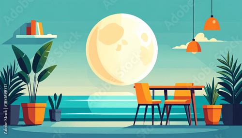 Stylized interior with orange furniture, plants, and ocean view under a full moon and hanging lights