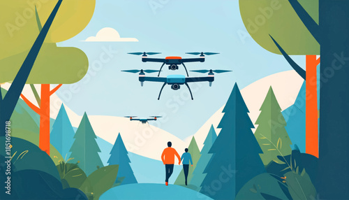 Stylized illustration of a couple walking through a forest with drones flying overhead in a bright, simplified scene