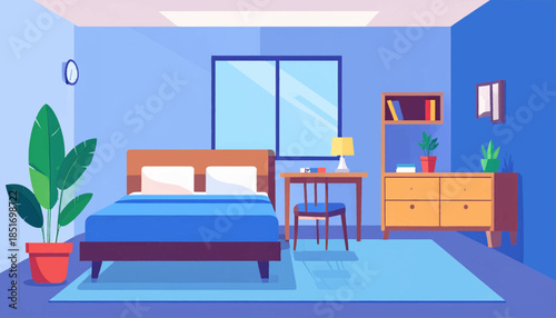 Stylized illustration of a cozy bedroom interior in shades of blue, with desk, plant and bed.