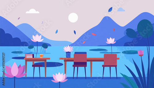 Tranquil lakeside scene with tables, chairs, and lotus flowers in muted blues and pinks under a pale sky