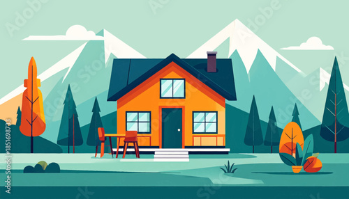 Stylized illustration of a cozy orange house in a mountain landscape, with green trees and serene teal ground