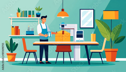 Stylized illustration of a craftsman working at a table in a studio with plants, shelves, and painting on the wall