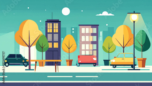 Urban scene with cars, trees, buildings, streetlights in simplified, stylized vector art