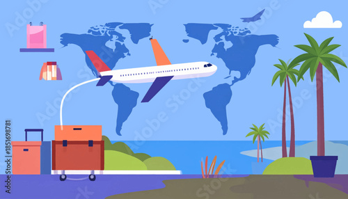 Travel-themed illustration plane over world map, with luggage, palm trees, and scenic ocean background