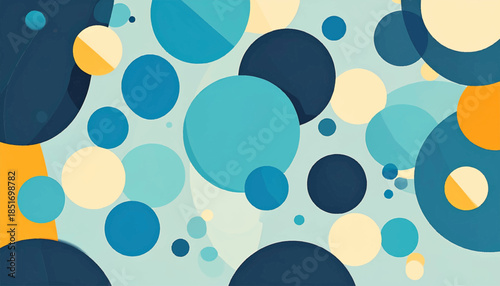 Varied circles overlap in blue, teal, yellow & navy hues, creating an abstract & modern design