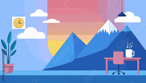 Stylized illustration of a desk space with a mountain backdrop and sunset sky