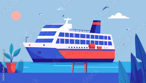 Stylized illustration of a ferryboat at sea under a pastel sun and sky, with a potted plant in the foreground