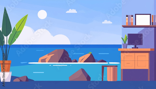 Vector flat art showing a seascape view from inside a room with furniture and potted plants, under a bright, sunny sky