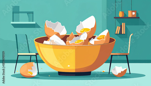 Stylized kitchen scene with broken eggs in a bowl, chairs, and shelf on the wall
