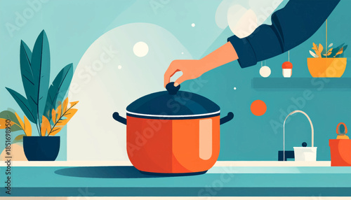 Stylized kitchen scene with pot, hand on lid, plant, and sink. Flat, graphic design, vibrant, and modern