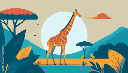 Stylized illustration of a giraffe in a flat, cartoon-like African landscape with plants, trees, and mountains