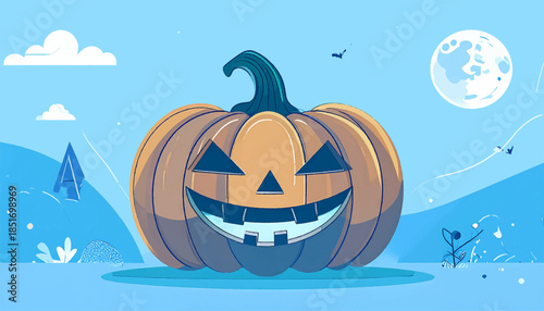Stylized illustration of a grinning jack-o'-lantern under a full moon in a blue, whimsical, Halloween scene