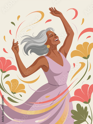 A joyful older woman dancing freely in a vibrant floral environment from a celebratory viewpoint.