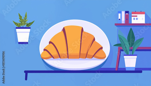 Vector illustration of a croissant on a plate, set against a blue background with plants and shelves