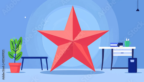 Vector room scene with a star, plant, two tables and a desk in soft blue tones and a red star