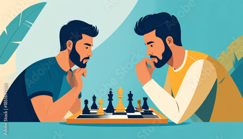 Two bearded men play chess, deep in thought, facing each other over a board in a colorful, stylized scene