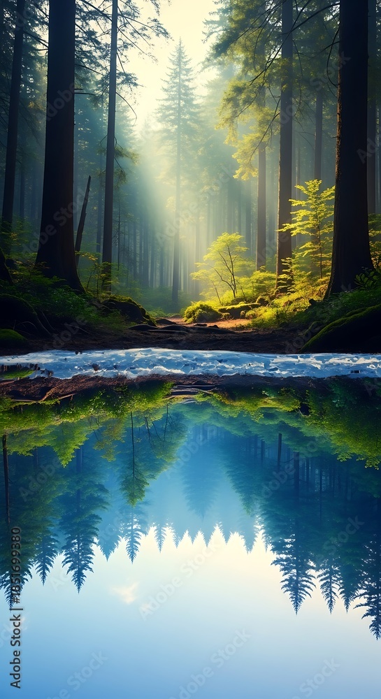 Obraz premium Calm river reflects a beautiful sunlit evergreen forest scene.