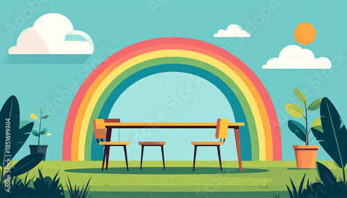 Vivid scene table under rainbow, plants, clouds, and sun. Simple, bold cartoon style
