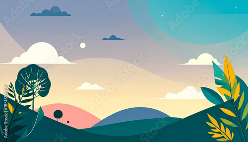 Stylized landscape hills, foliage, and sky are rendered in a simplified, flat style with a calming color palette