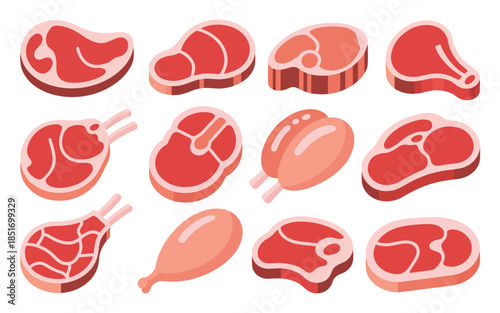 Assorted Meat Cuts Illustration Featuring Various Beef and Pork Cuts on White Background