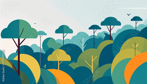 Stylized landscape of overlapping circular hills with simple trees
