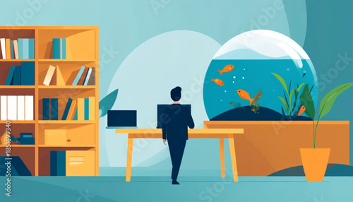 Stylized illustration of a person in an office looking at a fishbowl