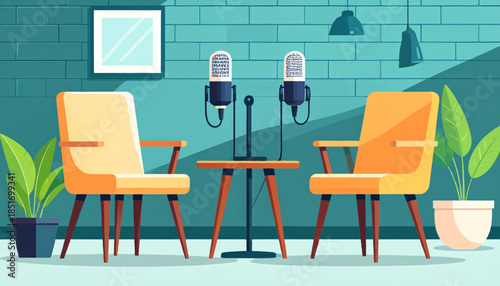 Two chairs facing microphones, with plants and lamps in a teal room, stylized illustration