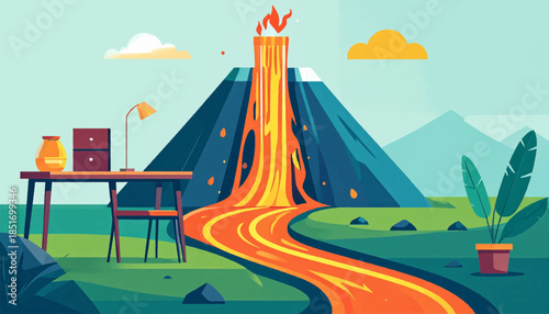 Volcano erupting lava in a whimsical world with desk, chair, lamp, and plant in foreground, stylized and colorful