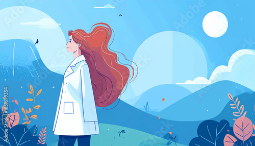 Woman, auburn hair, lab coat gazes at scenic blue landscape with sun, clouds, and stylized plants