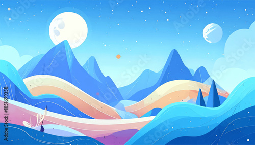 Stylized landscape of pastel, curving hills under a starry blue sky with two full moons and geometric trees