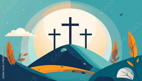 Stylized landscape of three crosses on a hill against a gradient sky with stylized plants, bird, and cave