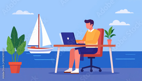 Stylized illustration of a person working at a desk with an ocean view and a sailboat outside the window