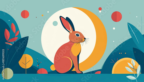 Stylized illustration of a rabbit sitting against a moon backdrop in a surreal nature scene with muted colors