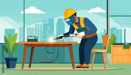 Welder working at a table with bright sparks flying, city skyline visible through window, plant, cabinet, and chair present